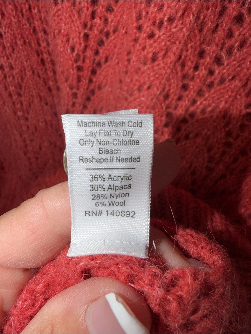 Marine Lauer Coral Red Open Knit V-Neck Sweater with Button Detail - Picture 6 of 11